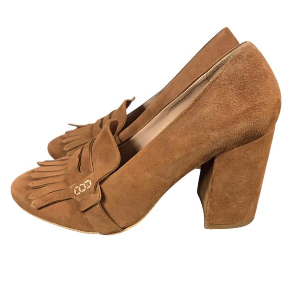 Boden Brown Suede Kiltie Tassel Loafers Womens 39 8.5 Block Heel British Preppy - Picture 3 of 11